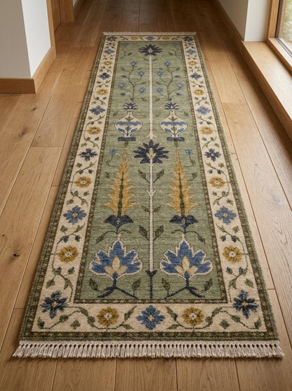 Hand Knotted Oushak Runner Rug in sage green wool, with floral vase motifs, blue and mustard accents, ivory border and fringe.