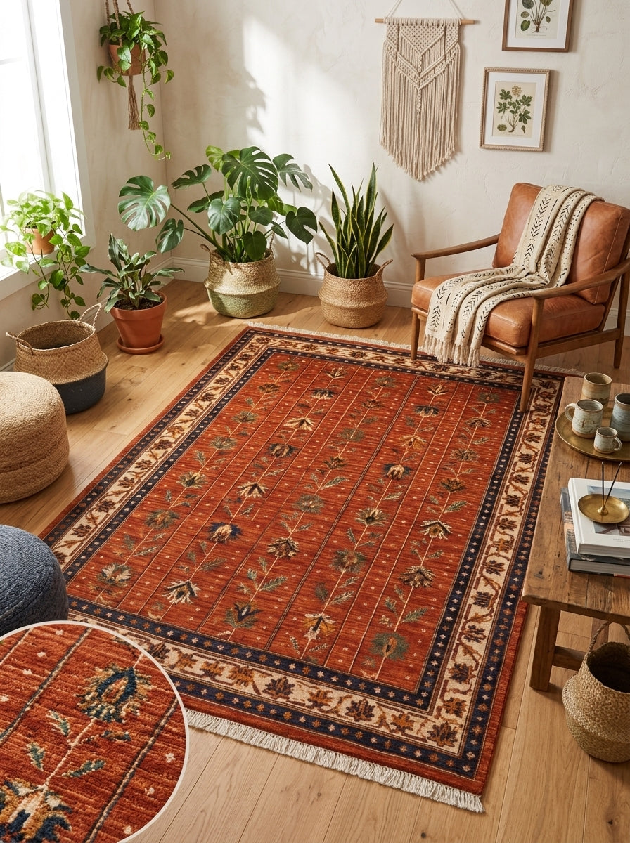 Oushak Hand Knotted Rug in rust red wool, with rows of botanical stems, navy guard bands and an ivory floral border.