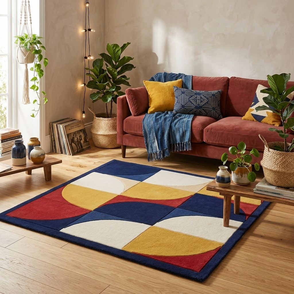 Handmade Retro Rug in navy, red, mustard and ivory wool, with bold curved geometric blocks and a navy border.