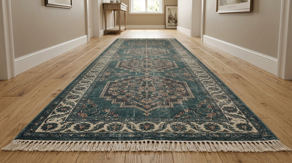 Hand Knotted Oushak Runner Rug in distressed teal wool, with ivory floral medallions, ornate border and fringe.