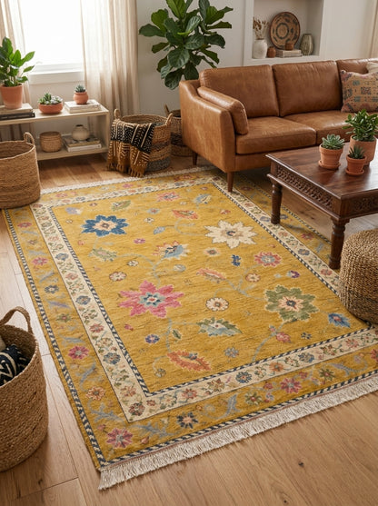 Mustard Yellow Floral Hand Knotted Wool Rug, Oushak Style Ivory Border