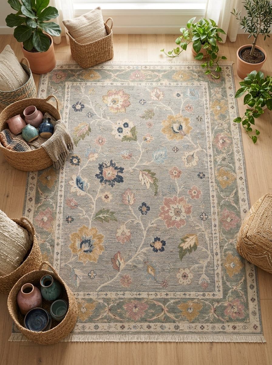 Dove Gray Floral Hand Knotted Wool Rug, Oushak Style Sage Green Border