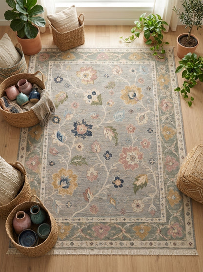 Dove Gray Floral Hand Knotted Wool Rug, Oushak Style Sage Green Border