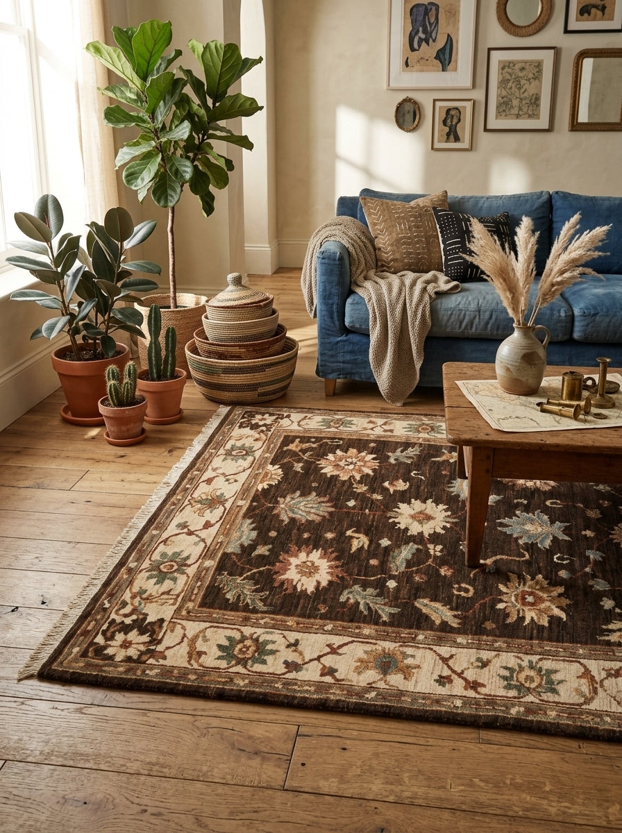 Oushak Hand Knotted Rug in espresso brown wool, with multicolour floral motifs and a beige border of rust scrolling vines.