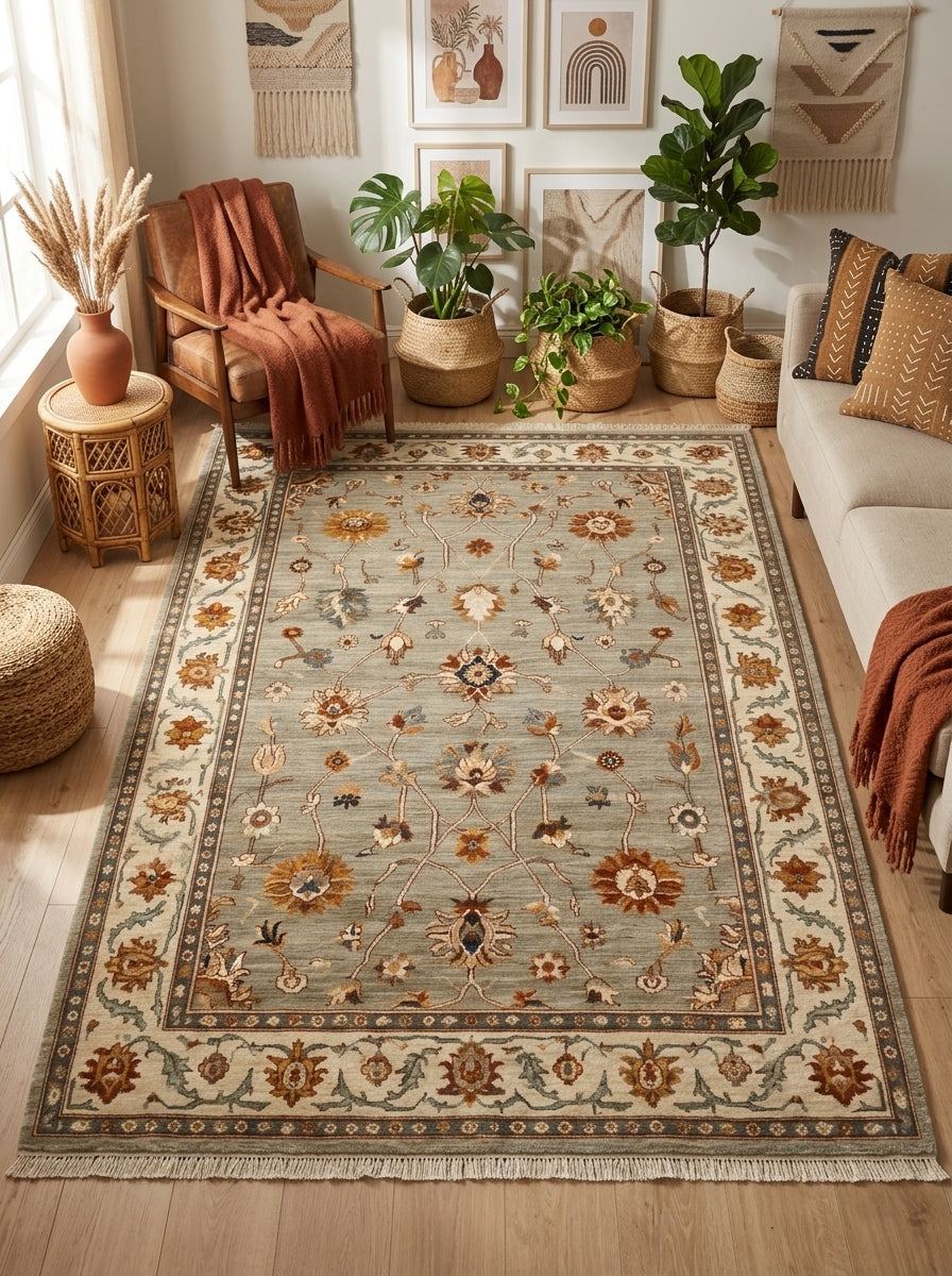 Oushak Hand Knotted Rug in sage gray wool, with rust, gold and ivory floral motifs and a wide ivory border.