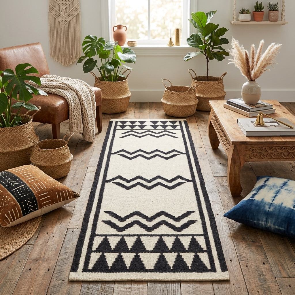 Runner rug in ivory wool with bold black zigzag bands, triangle borders, and a geometric tribal pattern; Hand Knotted Oushak Runner Rug