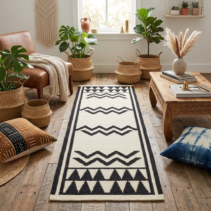 Runner rug in ivory wool with bold black zigzag bands, triangle borders, and a geometric tribal pattern; Hand Knotted Oushak Runner Rug