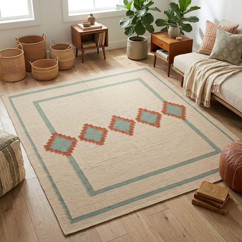 Southwestern Flatweave Wool Rug with a beige textured field, sage green double border, and terracotta stepped diamonds with sage centres.