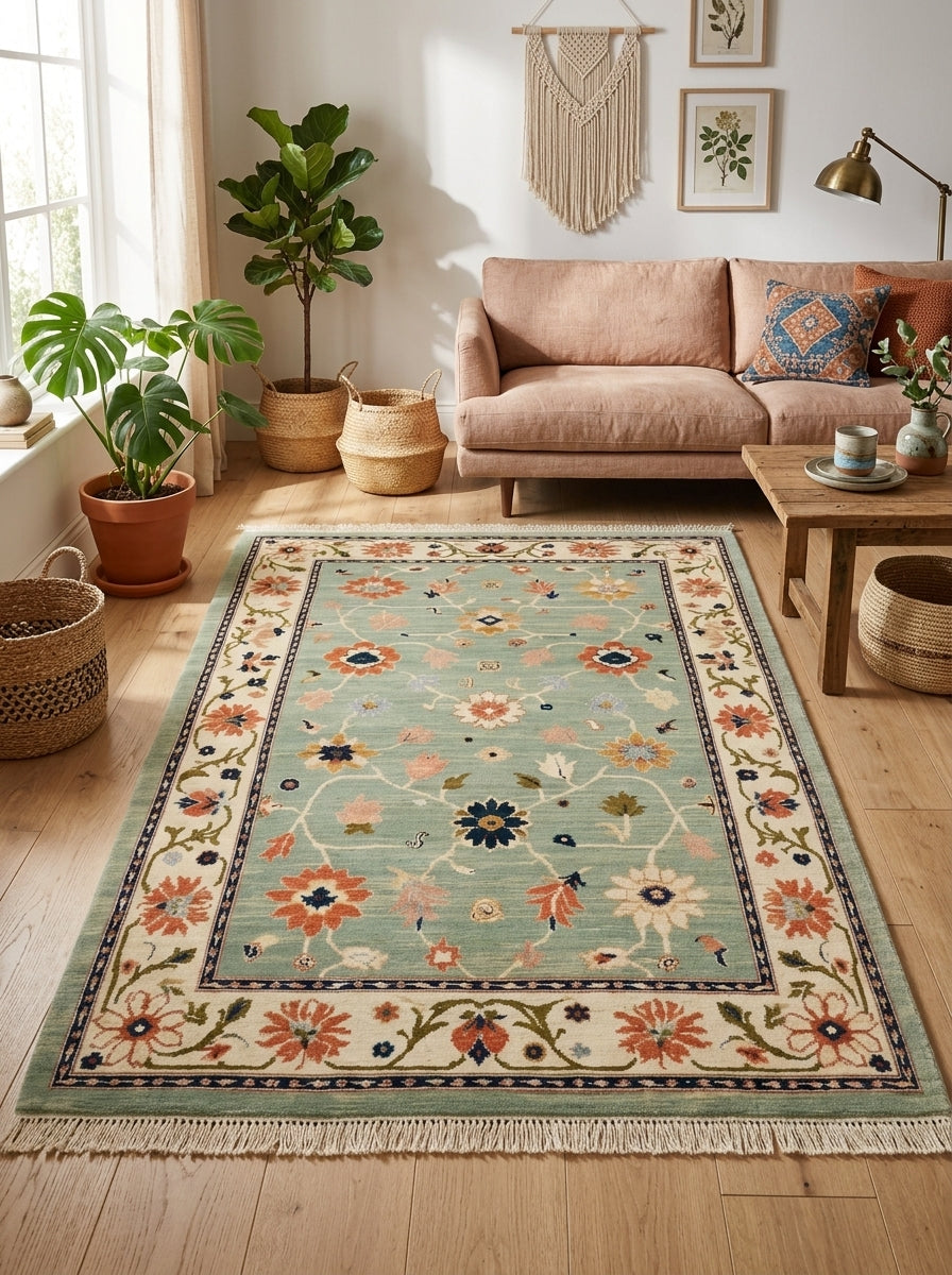 Oushak Hand Knotted Rug in mint green wool, with multicoloured floral motifs, an ivory border and fringe ends.
