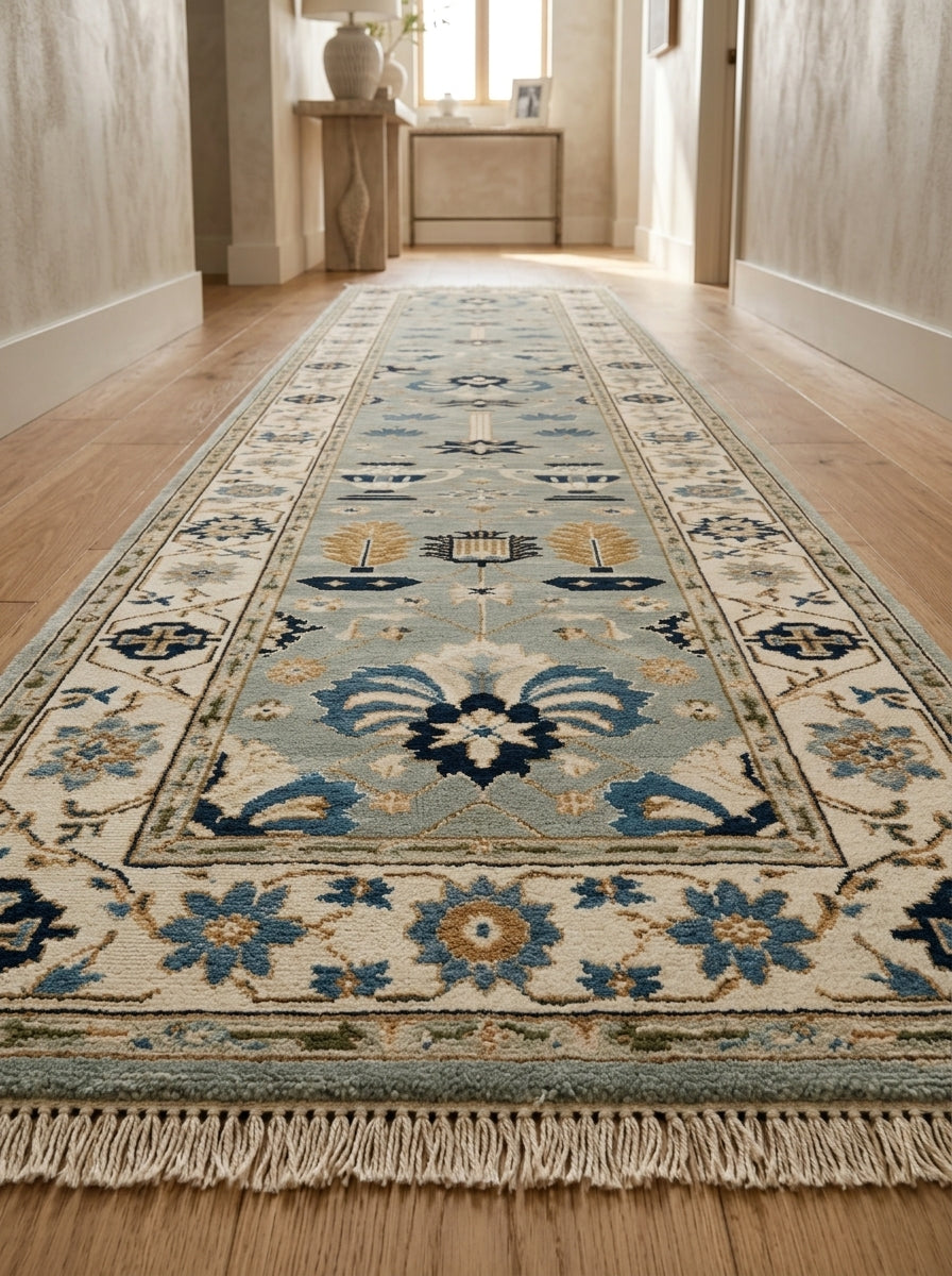 Hand Knotted Oushak Runner Rug in soft blue wool with ivory floral border, navy and copper motifs, and fringe.