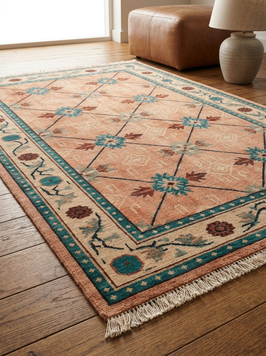 Terracotta Teal Trellis Hand Knotted Wool Area Rug with a faded coral field, teal floral medallions, rust accents and ivory vine border.