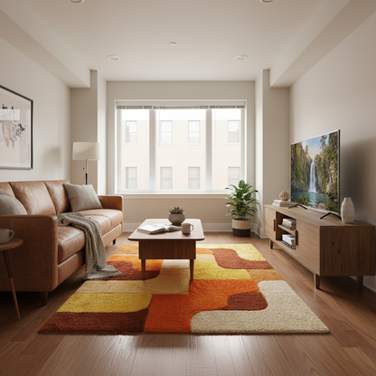 Handmade tufted rug with retro geometric design in warm vintage sunset tones made from durable wool