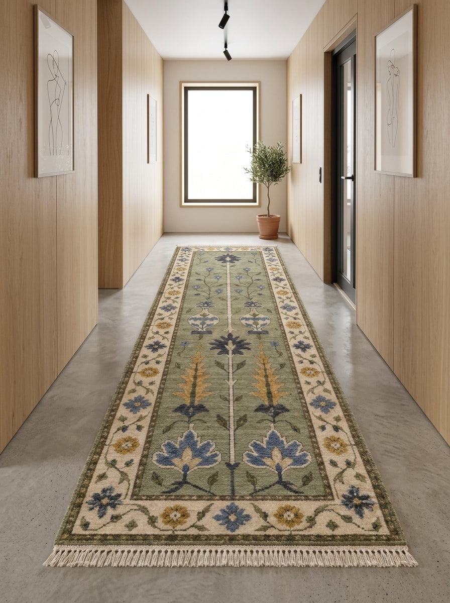 Hand Knotted Oushak Runner Rug in sage green wool, with blue and mustard floral motifs, ivory vine border and fringe.