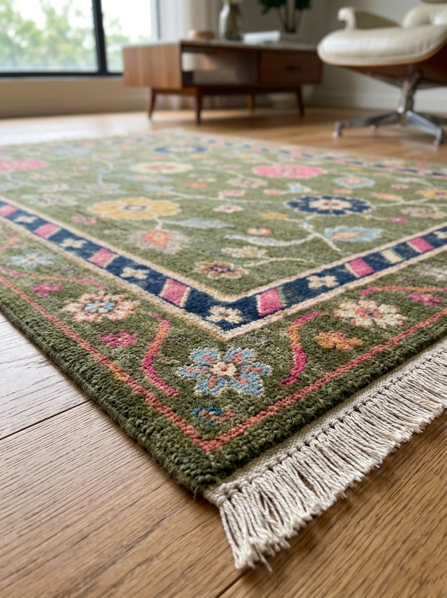 Olive Green Floral Bird Hand Knotted Wool Rug, Folk Garden Pink Navy Border
