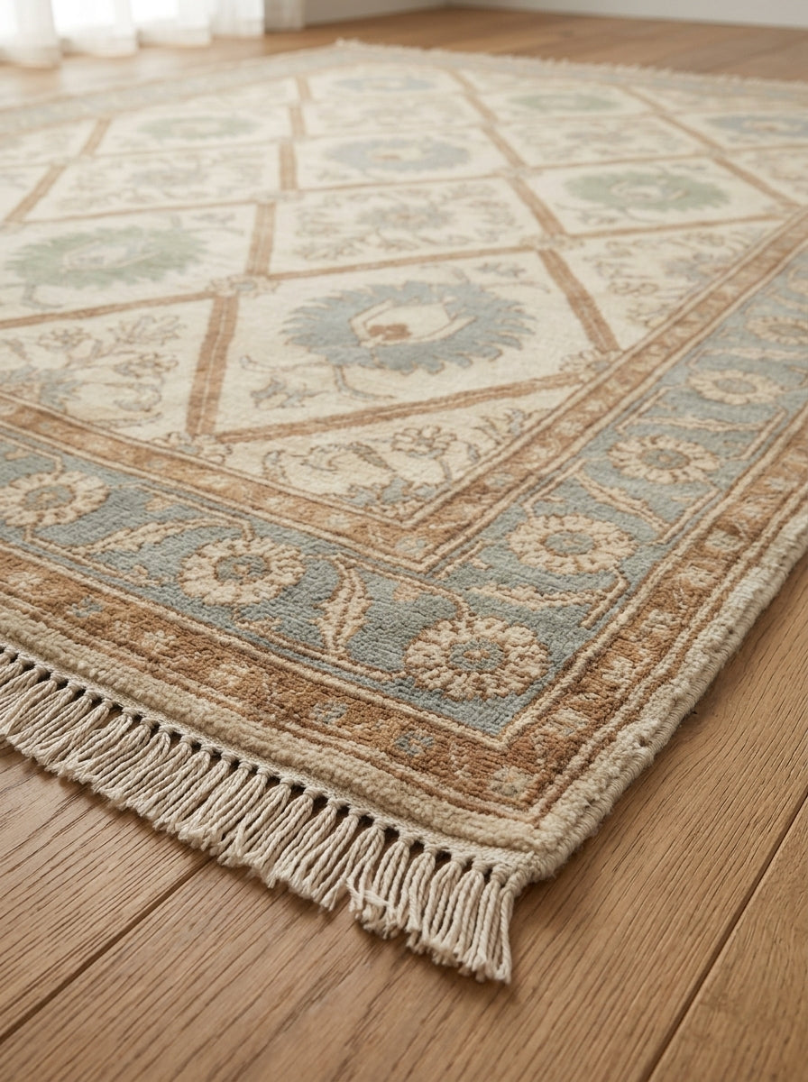 Ivory Garden Lattice Hand Knotted Wool Rug, Floral Powder Blue Border