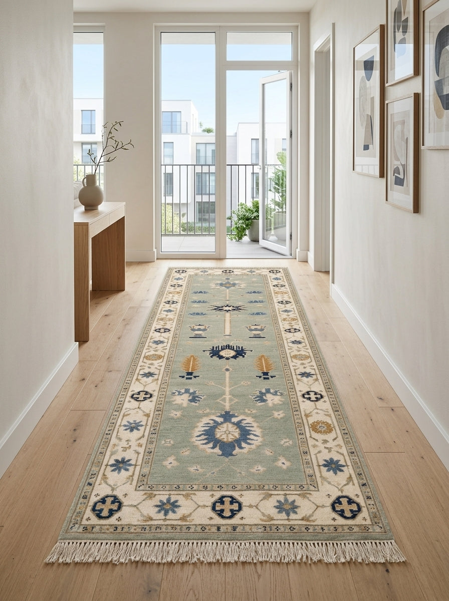 Hand Knotted Oushak Runner Rug in muted seafoam green wool, with ivory floral borders, blue and amber motifs, and fringed ends.