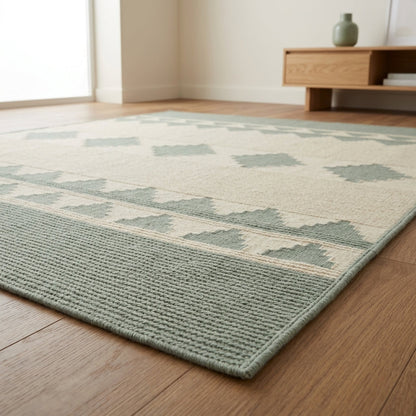 Southwestern Flatweave Wool Rug in sage green and cream, with ribbed texture and geometric diamond and stepped triangle bands.