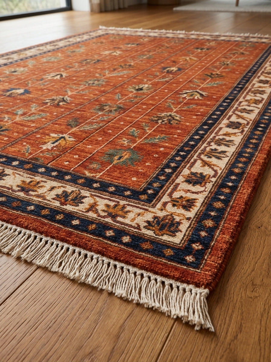 Oushak Hand Knotted Rug in rust red wool with vertical botanical stems, ivory and navy borders, and fringe ends.