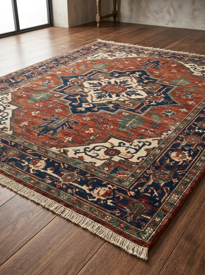 Heriz Hand Knotted Wool Rug in rust red, navy, ivory and teal, with a bold stepped medallion and fringed edges.