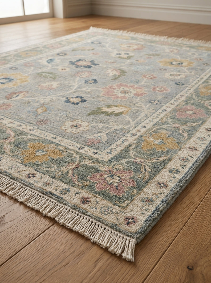 Dove Gray Floral Hand Knotted Wool Rug, Oushak Style Sage Green Border