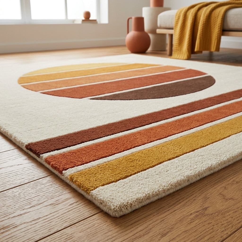 Handmade Retro Rug, ivory wool with mustard, orange and brown sunset stripes, featuring a large banded circle and crisp lines.