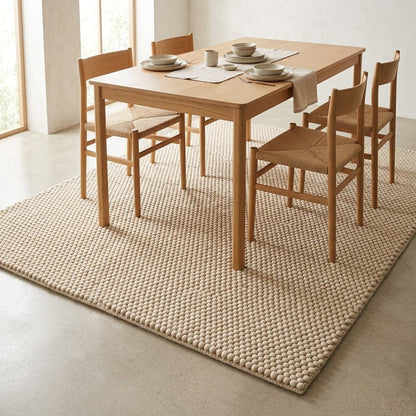 Chunky Wool Rug in sand beige with a dense, handwoven bobble texture and neatly bound edges.