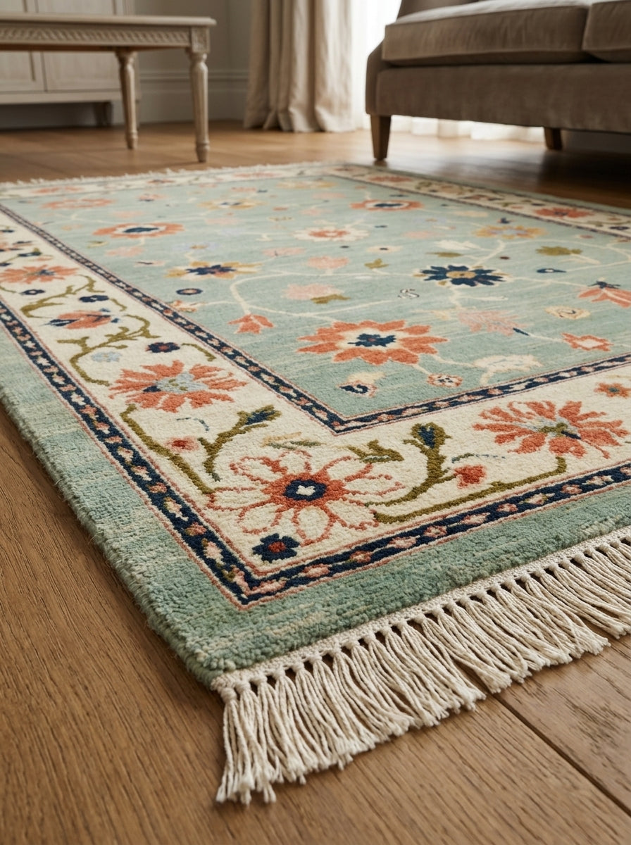 Oushak Hand Knotted Rug in mint green wool, with coral and navy floral motifs, an ivory border, and fringe.