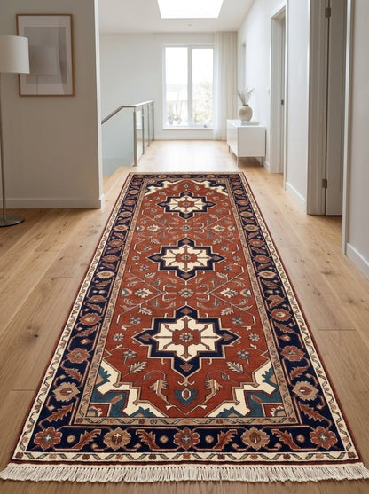 Hand Knotted Oushak Runner Rug in rust red wool with ivory and navy geometric medallions, floral details, and fringed ends.