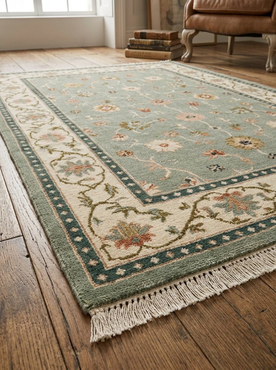Oushak Hand Knotted Rug in muted sage green wool, with scattered floral motifs, an ivory vine border, teal bands and fringe.