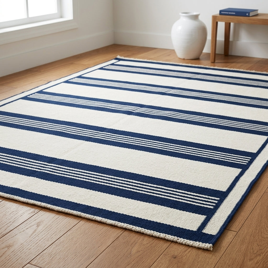 Southwestern Flatweave Wool Rug in ivory with bold navy bands, fine pinstripes, and a slim framed border.