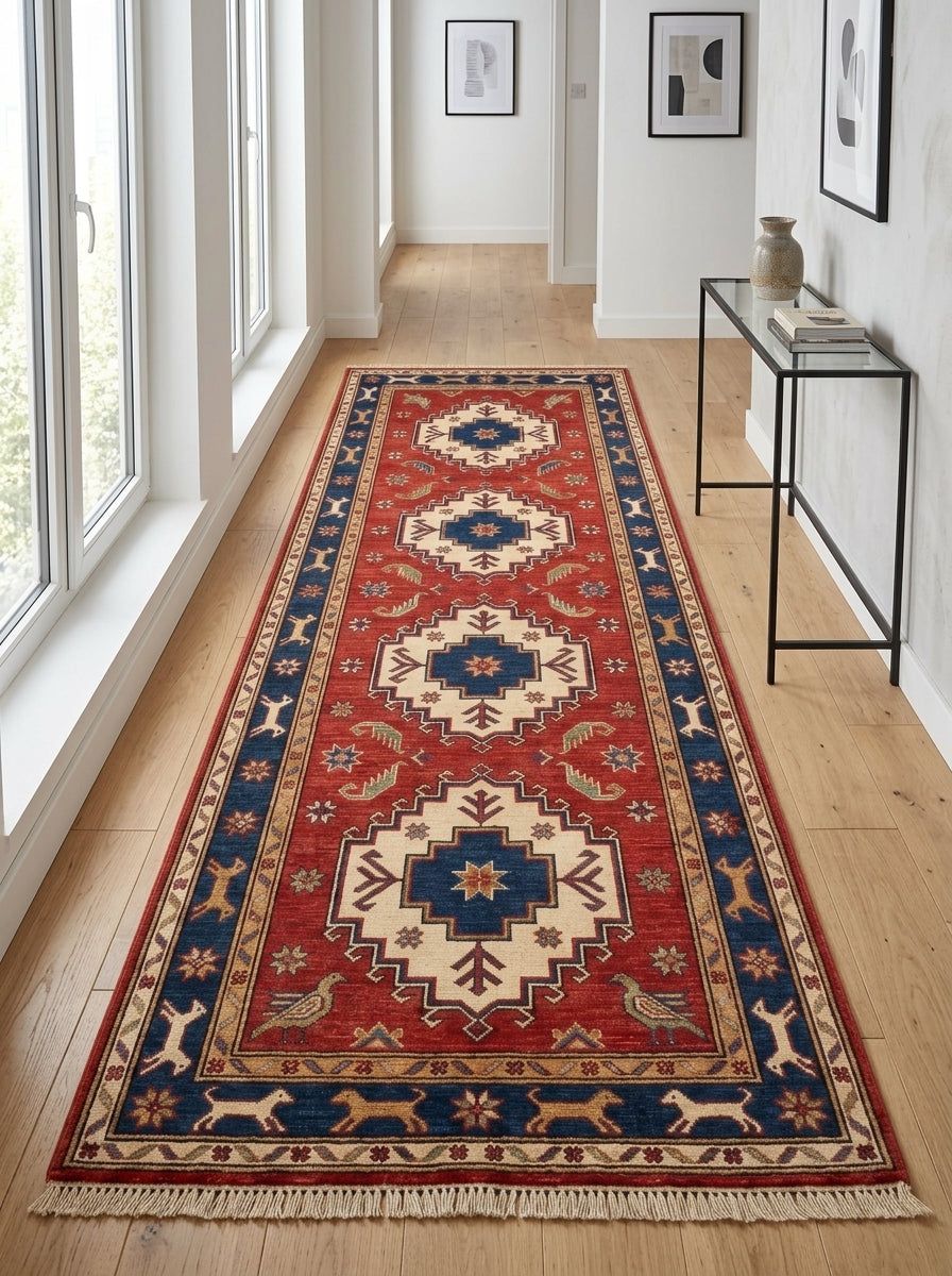 Hand Knotted Oushak Runner Rug in red wool, with ivory and navy geometric medallions, animal motifs and fringed ends.