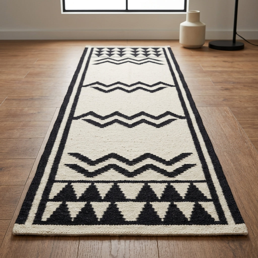 Runner rug, ivory wool with bold black zigzags, geometric triangles and double-line borders; Hand Knotted Oushak Runner Rug