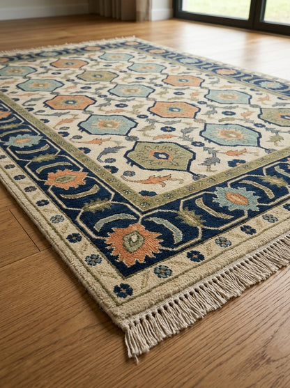 Ivory Navy Hexagon Medallion Hand Knotted Wool Rug, Aqua Orange Olive Geometric