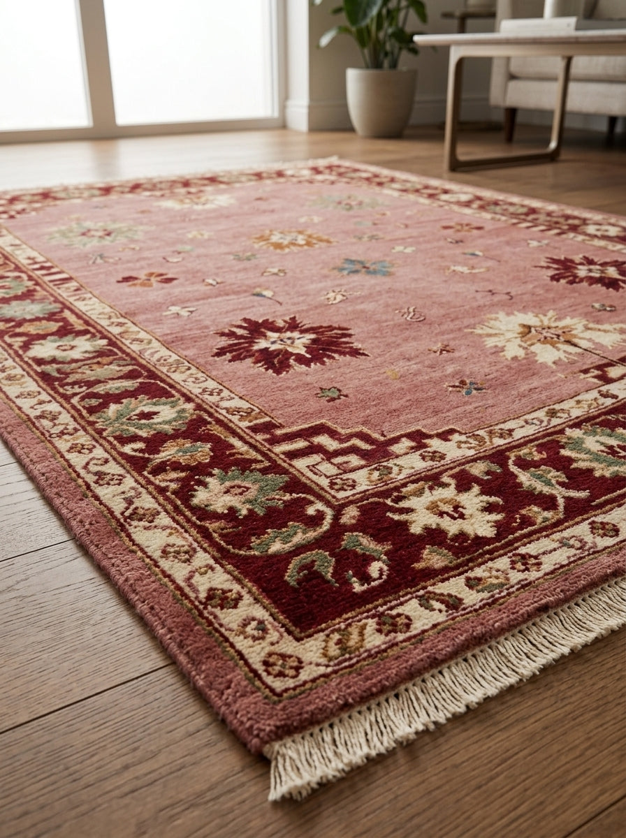 Oushak Hand Knotted Rug in dusty rose wool, with scattered floral motifs, a burgundy flower border and ivory fringe.