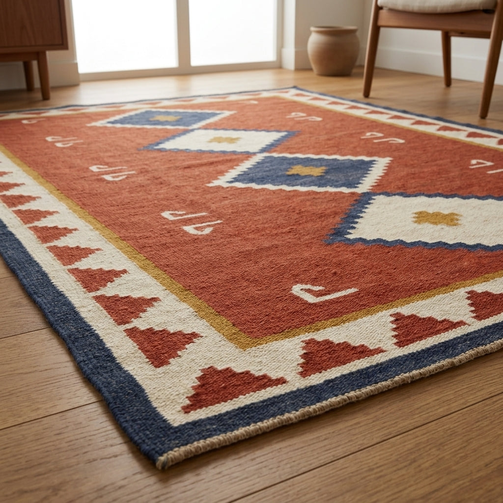Southwestern Flatweave Wool Rug in rust red with navy and ivory stepped diamonds, mustard accents and a triangle border.