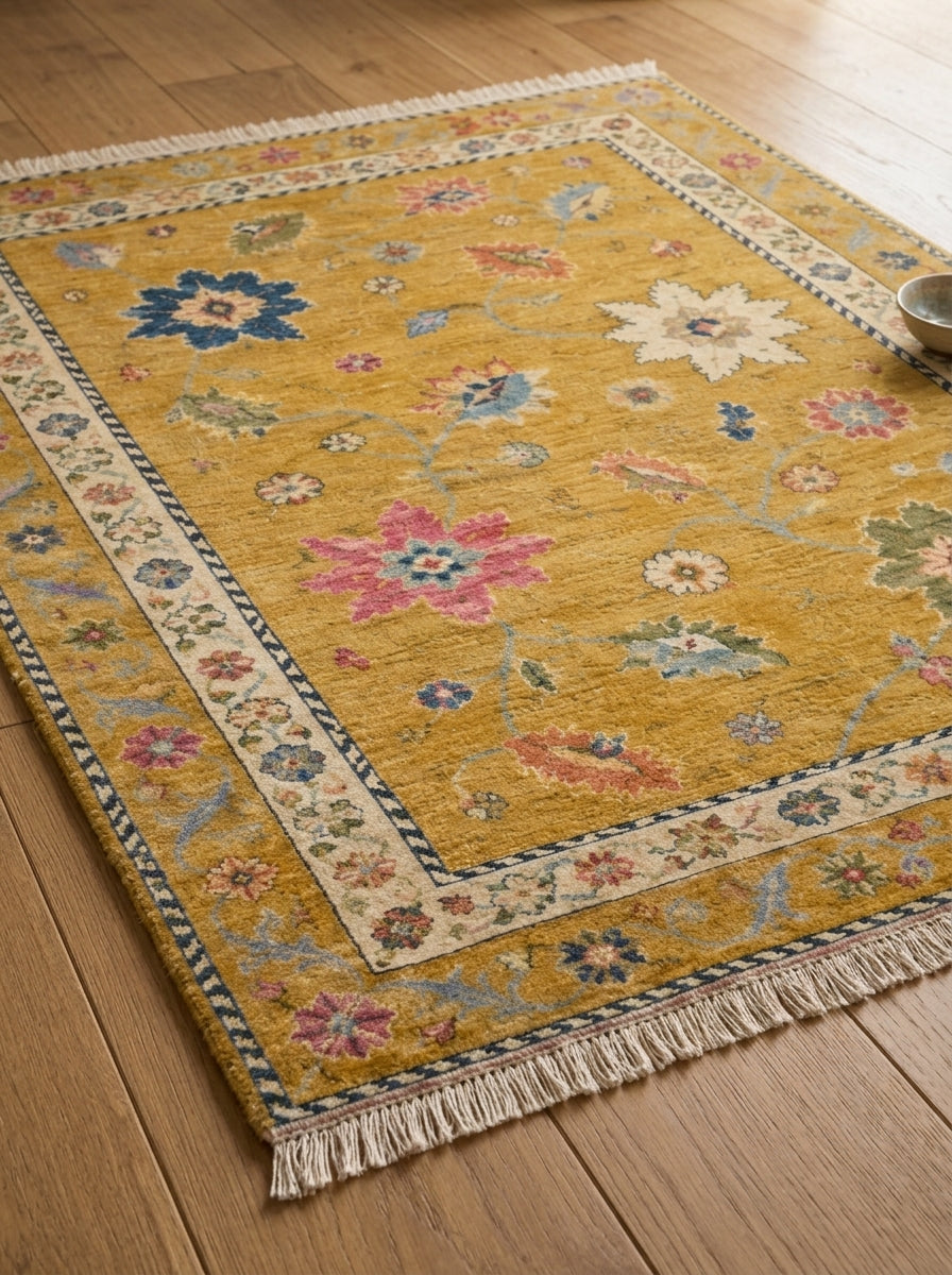 Mustard Yellow Floral Hand Knotted Wool Rug, Oushak Style Ivory Border