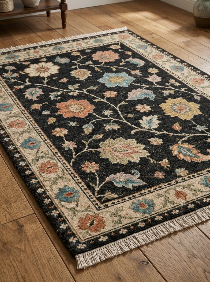 Charcoal Black Floral Hand Knotted Wool Rug, Oushak Style Ivory Border