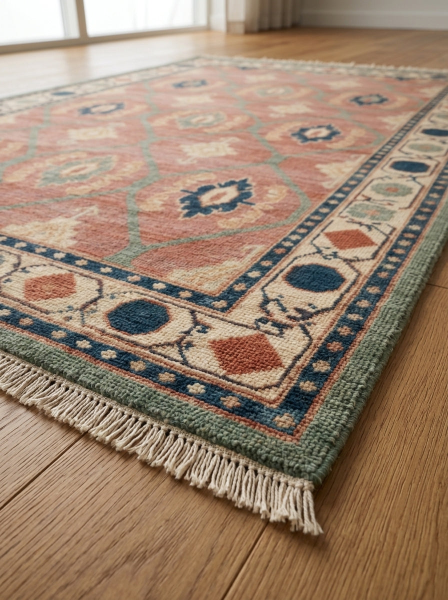 Oushak Hand Knotted Rug in coral pink wool, with sage lattice, navy and ivory medallions, and a geometric border.