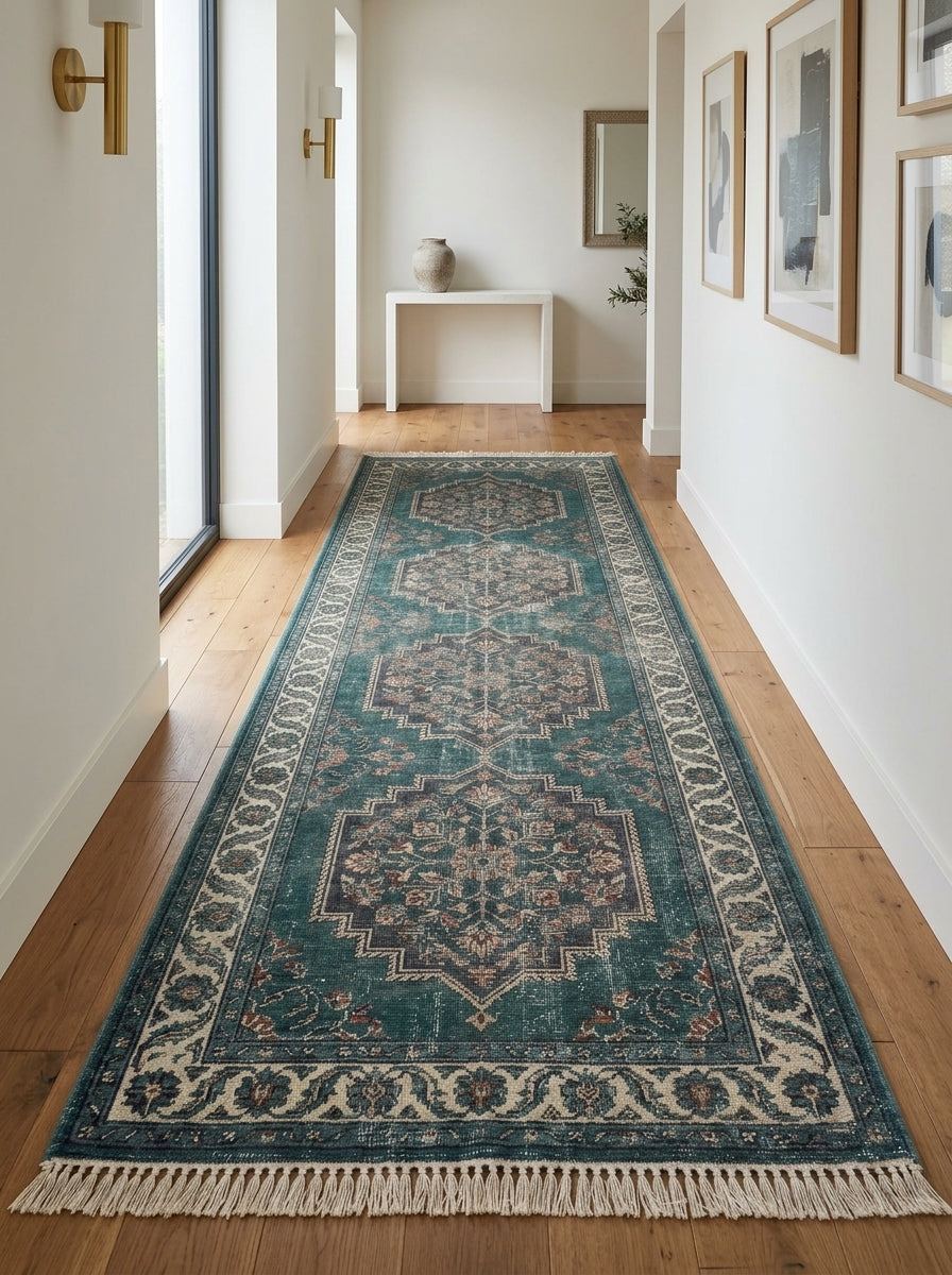 Hand Knotted Oushak Runner Rug in distressed teal wool, with ivory floral medallions, ornate border, and fringe.