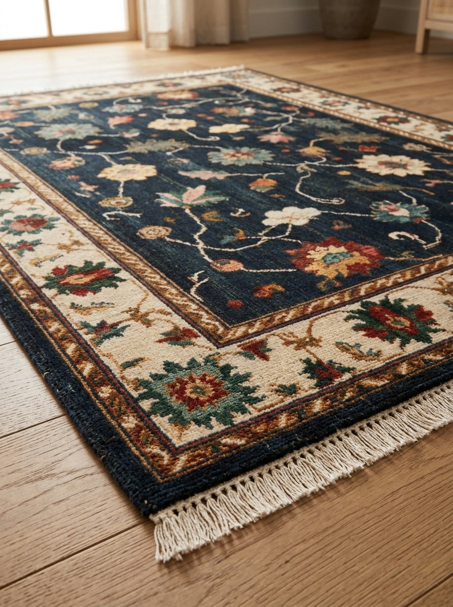Oushak Hand Knotted Rug in midnight blue wool, with scattered multicolour florals, ivory palmette border and fringed ends.