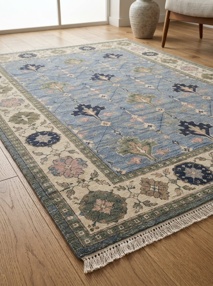 Cornflower Blue Geometric Hand Knotted Wool Rug, Tree Motif Ivory Sage Border