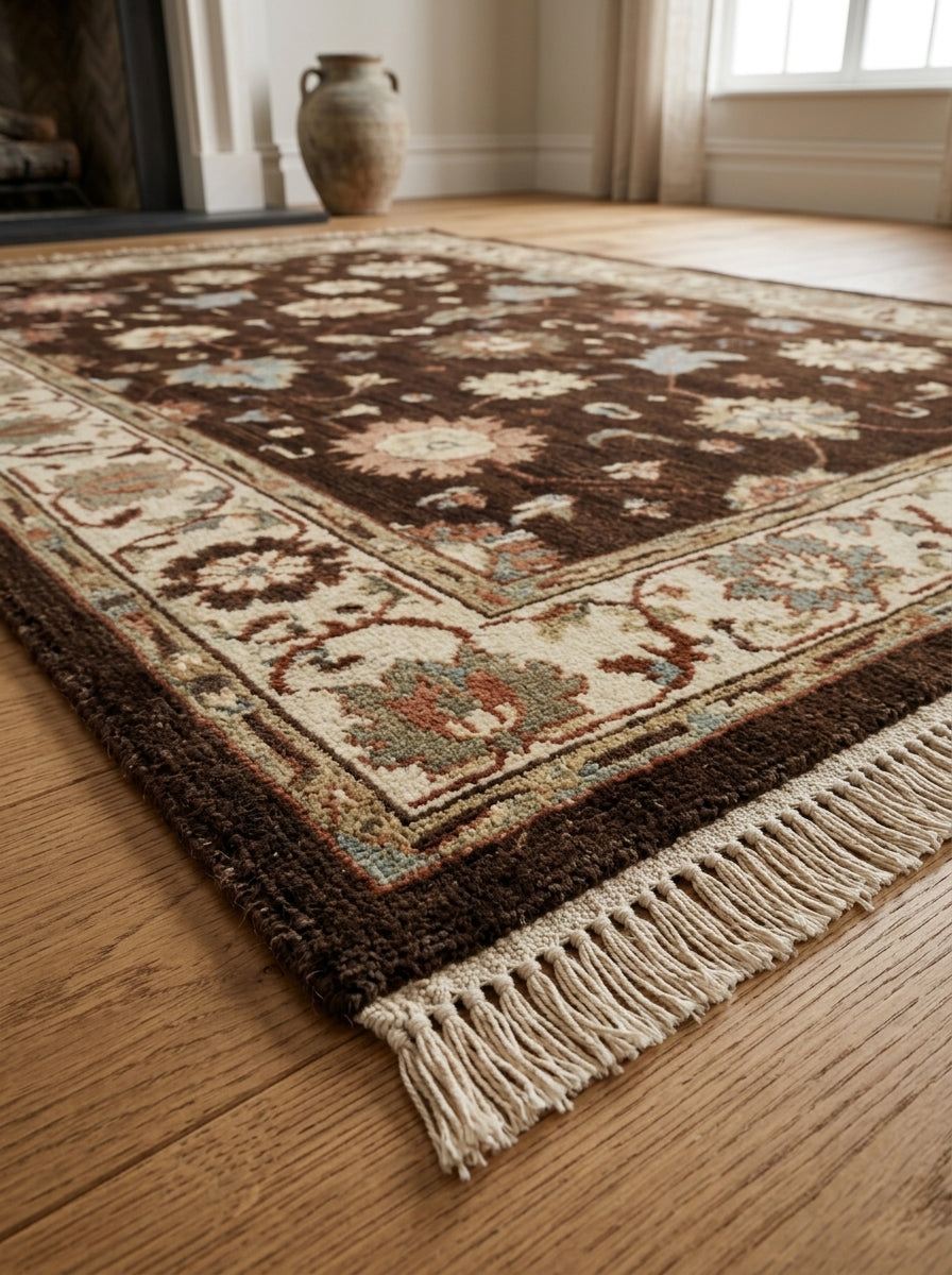 Oushak Hand Knotted Rug in chocolate brown wool, with ivory floral border, multicoloured blossoms and fringed ends.