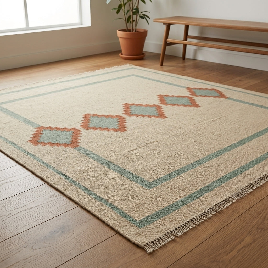 Southwestern Flatweave Wool Rug in natural beige with sage green borders, terracotta and sage stepped diamonds, and fringe edges.