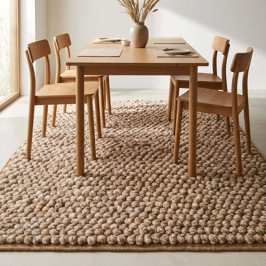 Chunky Wool Rug, Handwoven Pebble Texture Area Rug, Camel Beige Heathered Carpet, Modern Organic Minimalist Decor, Thick Cozy Living Room Floor Rug