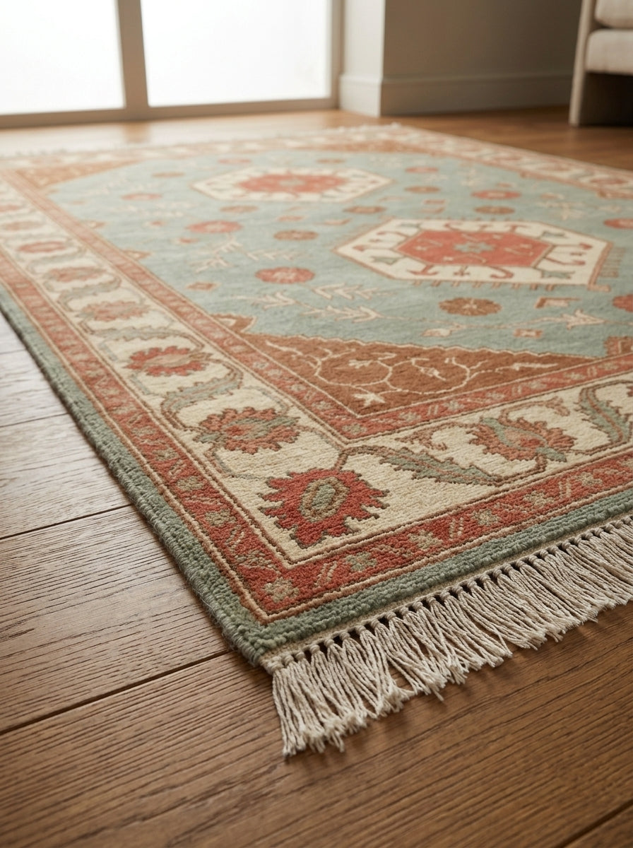 Sage Green Double Medallion Hand Knotted Wool Rug, Kazak Style Coral Ivory Border