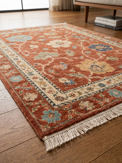 Terracotta Floral Bird Hand Knotted Wool Rug, Oushak Style Ivory Border