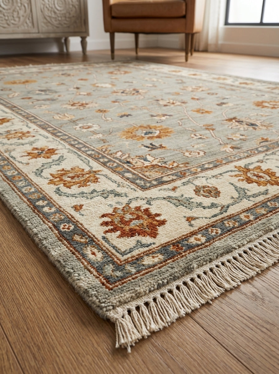 Oushak Hand Knotted Rug in sage gray wool, with rust and ivory floral motifs, a broad border, and fringe ends.