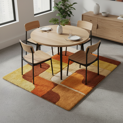 Handmade tufted rug with retro geometric design in warm sunset tones, mid-century vintage wool area rug