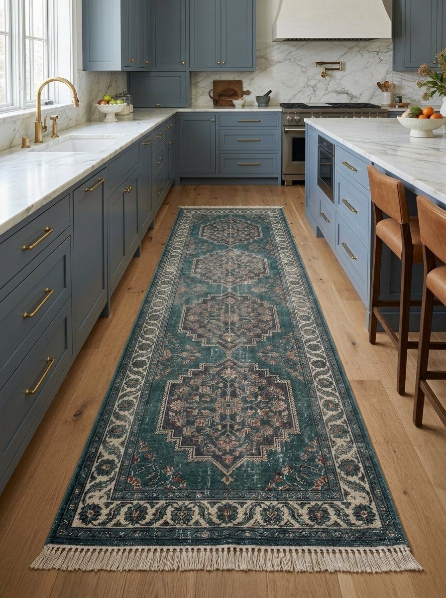 Hand Knotted Oushak Runner Rug in distressed teal wool, with three floral medallions, an ivory patterned border and fringe.