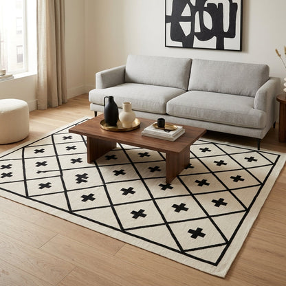 Southwestern Flatweave Wool Rug in ivory and black, with a bold diamond lattice, cross motifs and slim border.